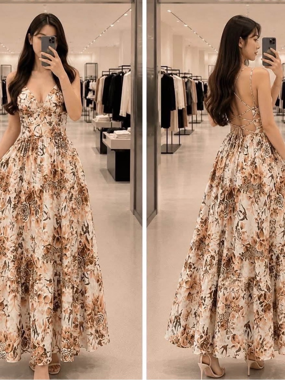 ZARA Beige & Brown Floral Lace-Up Back Maxi Dress